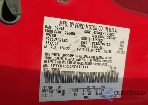 1999 Ford Ranger Xl/Xlt из США, поврежденный, VIN 1FTYR10C4XTA13111